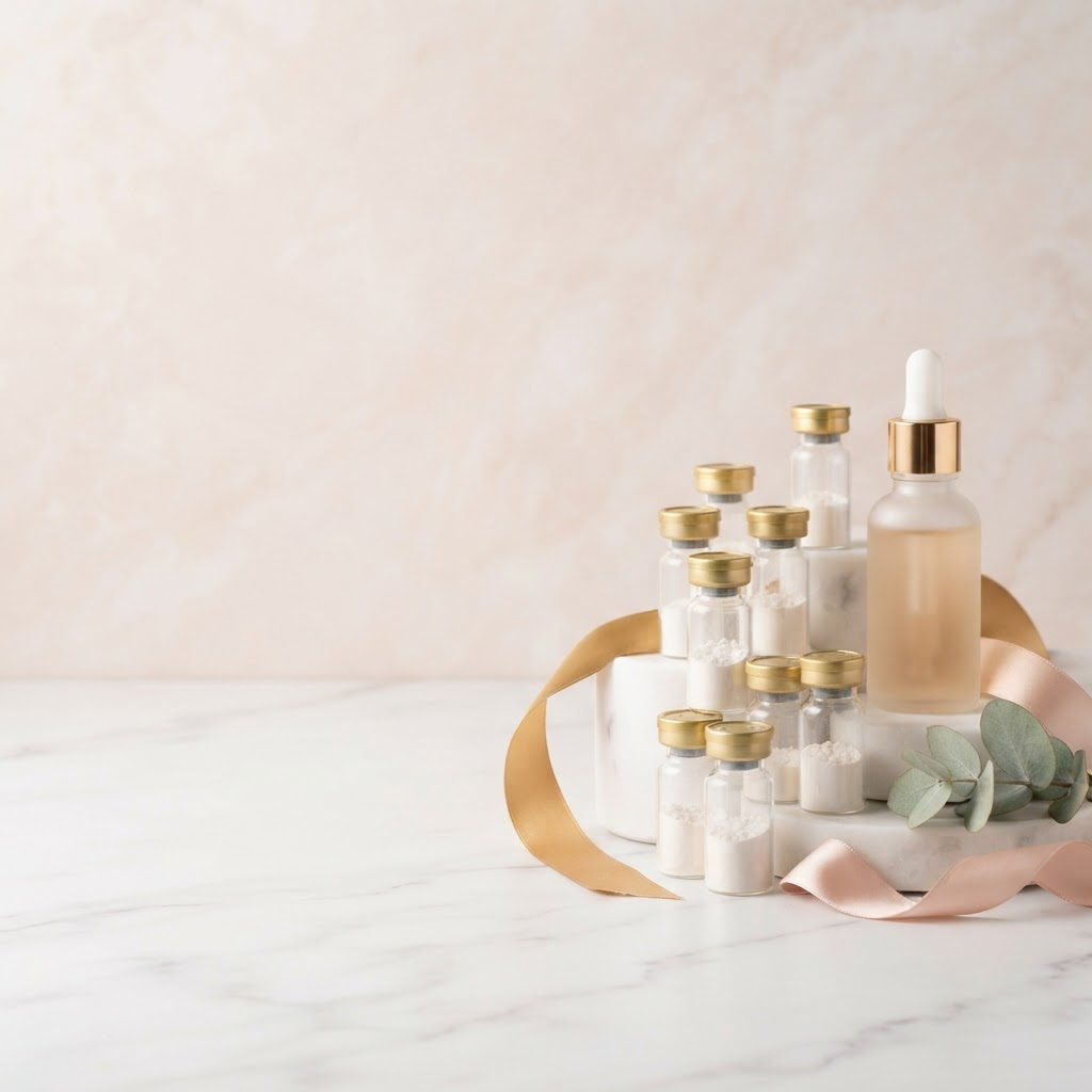 GlowMate PH luxury peptide skincare collection arranged on a blush marble surface